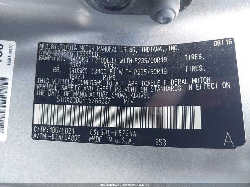 2017 Toyota Sienna VIN 5TDXZ3DC4HS768227 IAAI salvage auction — FRONT END, Salvage (North Carolina), sold $2,550 on 2026-07-08 (photo 9)