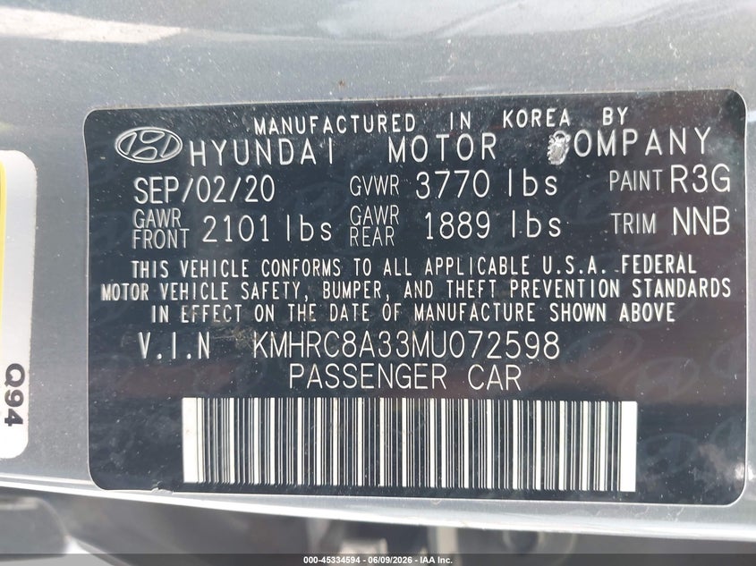 2021 Hyundai Venue VIN KMHRC8A33MU072598 IAAI salvage auction — FRONT END, Salvage - Greater Than 75% (Maryland), sold $2,400 on 2026-07-16 (photo 9)