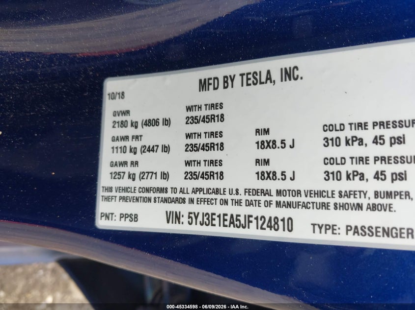 2018 Tesla Model 3 VIN 5YJ3E1EA5JF124810 IAAI salvage auction — REAR END, Salvage Title, sold $7,100 on 2026-07-15 (photo 9)