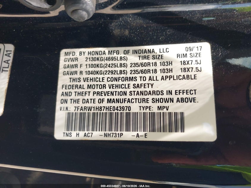 2017 Honda Cr-v VIN 7FARW1H87HE043970 IAAI salvage auction — HAIL, Original (Texas), sold $6,800 on 2026-07-16 (photo 9)