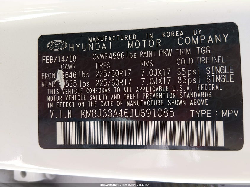 2018 Hyundai Tucson VIN KM8J33A46JU691085 IAAI salvage auction — NORMAL WEAR, Clear (Alabama), sold $4,850 on 2026-07-27 (photo 9)