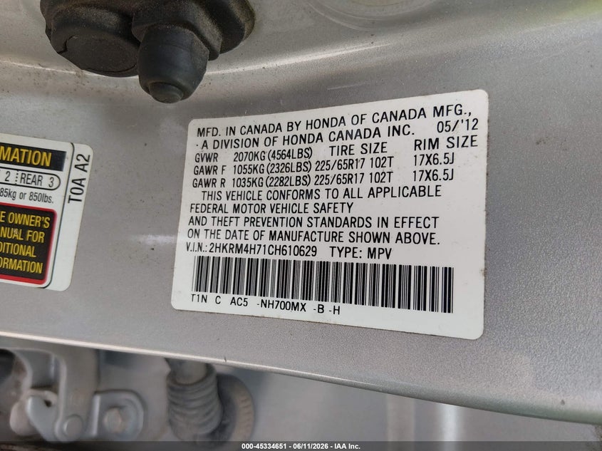 2012 Honda Cr-v VIN 2HKRM4H71CH610629 IAAI salvage auction — FRONT END, Clear (Arkansas), sold $2,150 on 2026-07-09 (photo 9)