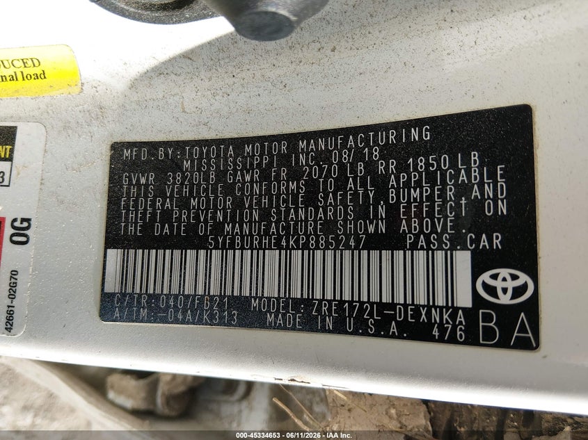 2019 Toyota Corolla VIN 5YFBURHE4KP885247 IAAI salvage auction — ROLLOVER, Salvage (Texas), sold $25 on 2026-07-28 (photo 9)