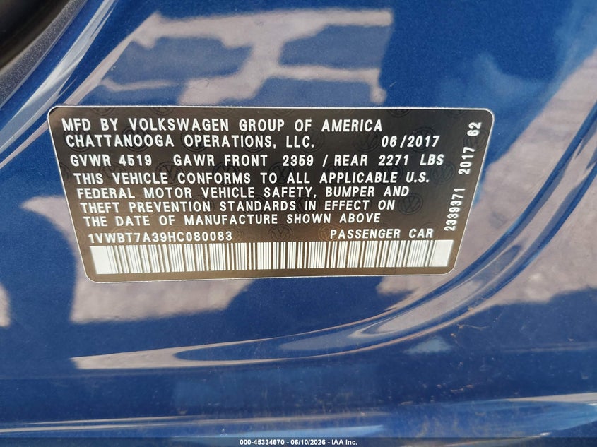 2017 Volkswagen Passat VIN 1VWBT7A39HC080083 IAAI salvage auction — FRONT END, Salvage Title, sold $2,250 on 2026-07-29 (photo 9)