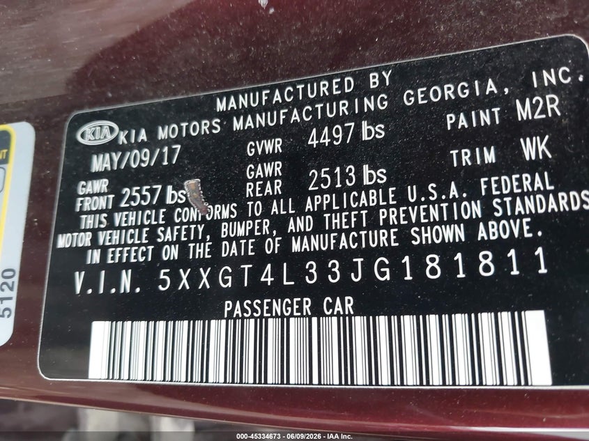 2018 Kia Optima VIN 5XXGT4L33JG181811 IAAI salvage auction — THEFT, Salvage Title, sold $1,000 on 2026-07-29 (photo 9)