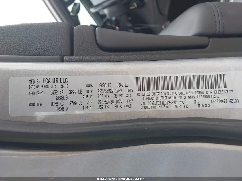 2020 Jeep Grand cherokee VIN 1C4RJFCT4LC136292 IAAI salvage auction — FRONT END, Salvage (Texas), sold $8,000 on 2026-07-31 (photo 9)