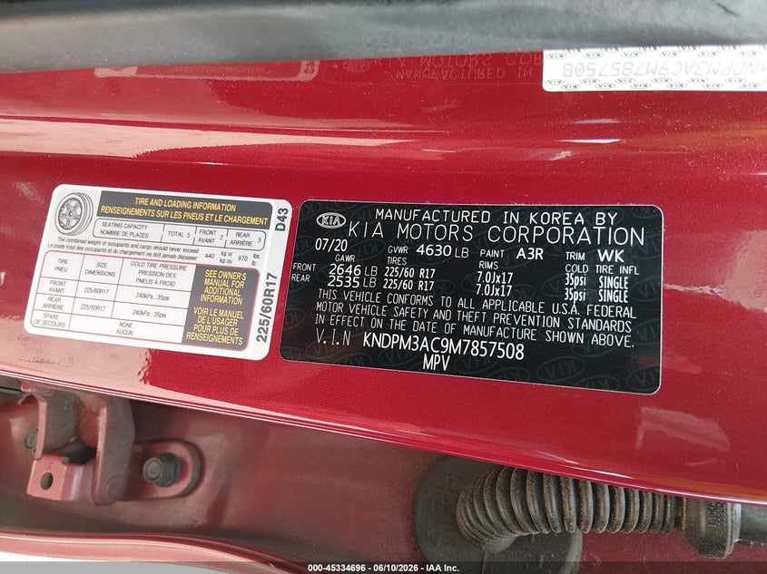 2021 Kia Sportage VIN KNDPM3AC9M7857508 IAAI salvage auction — FRONT END, Salvage (North Carolina), sold $2,750 on 2026-07-27 (photo 9)