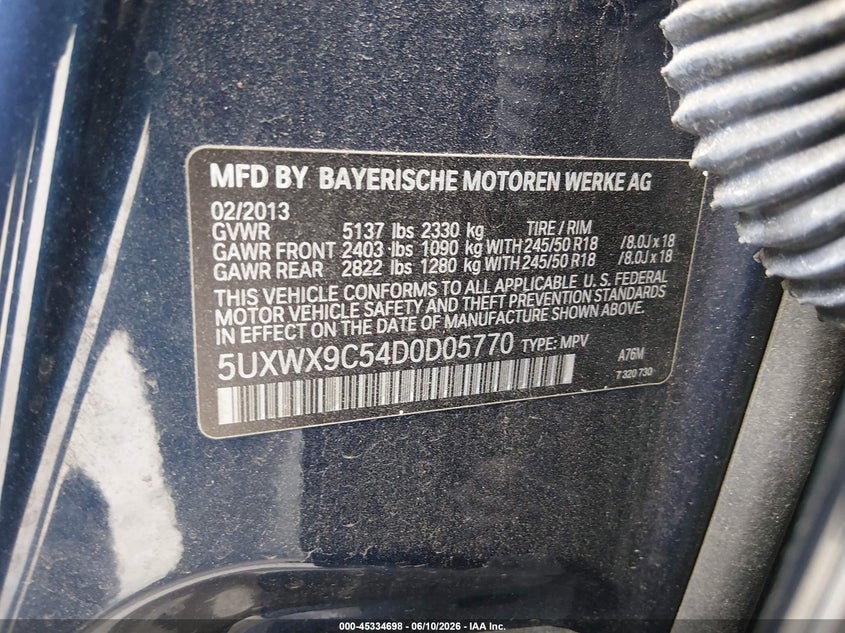 2013 BMW X3 VIN 5UXWX9C54D0D05770 IAAI salvage auction — NORMAL WEAR, Clear (New Jersey), sold $550 on 2026-07-07 (photo 9)