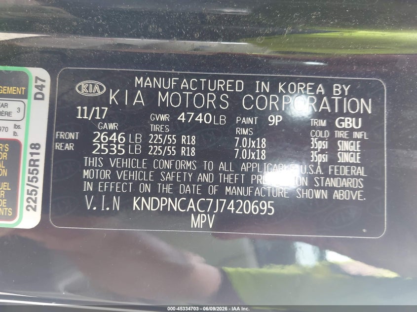 2018 Kia Sportage VIN KNDPNCAC7J7420695 IAAI salvage auction — LEFT REAR, Salvage (Pennsylvania), sold $3,350 on 2026-07-28 (photo 9)