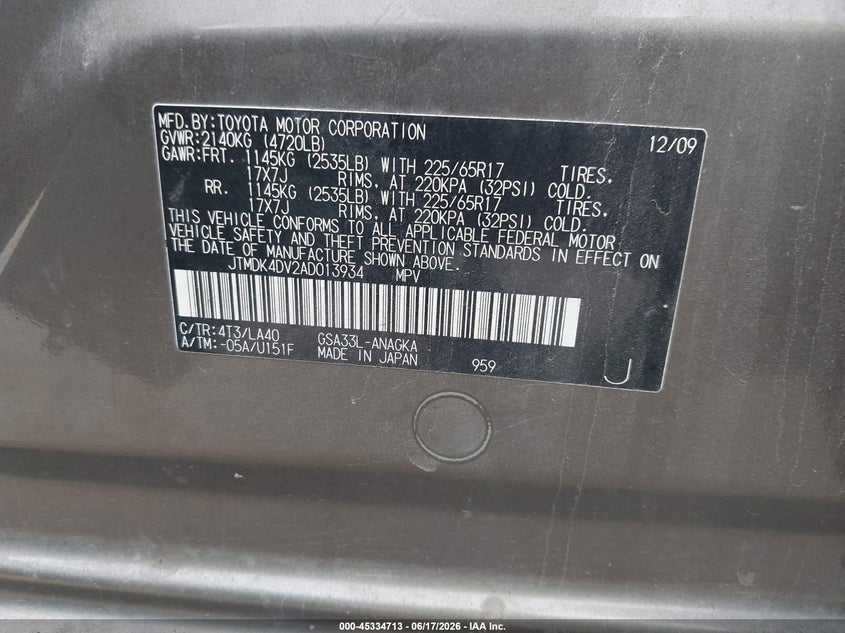 2010 Toyota Rav4 VIN JTMDK4DV2AD013934 IAAI salvage auction — LEFT FRONT, Salvage (Tennessee), sold $825 on 2026-07-09 (photo 9)