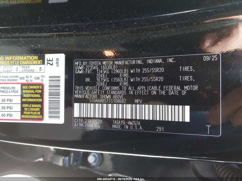 2026 Toyota Highlander VIN 5TDAAAB57TS108682 IAAI salvage auction — RIGHT FRONT, Salvage (California), sold $29,750 on 2026-07-05 (photo 9)