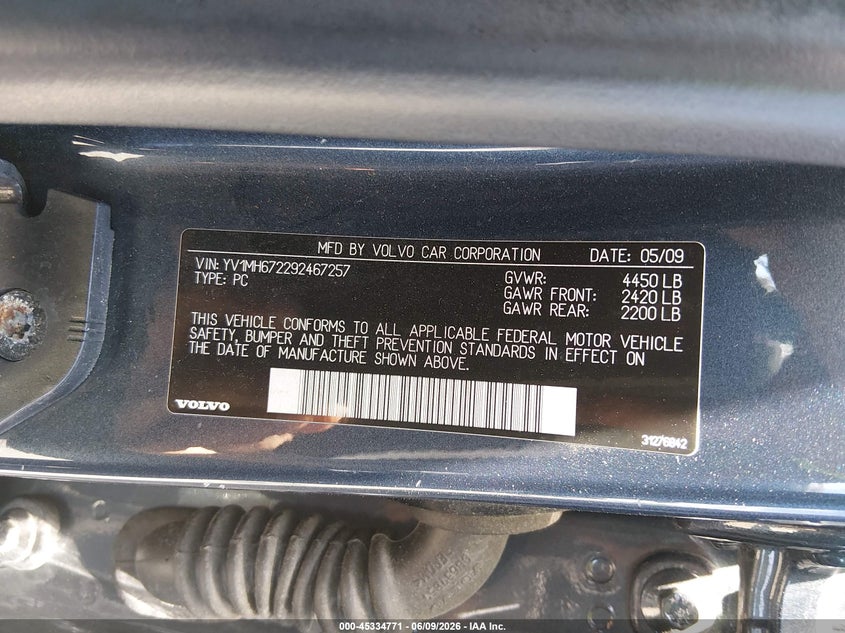 2009 Volvo S40 VIN YV1MH672292467257 IAAI salvage auction — FRONT END, Salvage (New Jersey), sold $50 on 2026-07-27 (photo 9)