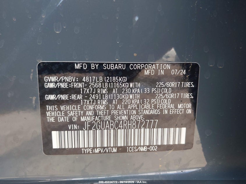 2024 Subaru Xv VIN JF2GUABC4RH872777 IAAI salvage auction — WATER/FLOOD, Junk (Missouri), sold $5,600 on 2026-07-08 (photo 9)