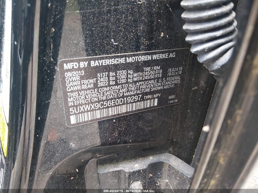 2014 BMW X3 VIN 5UXWX9C56E0D19297 IAAI salvage auction — NORMAL WEAR, Clear (Virginia), sold $475 on 2026-07-21 (photo 9)
