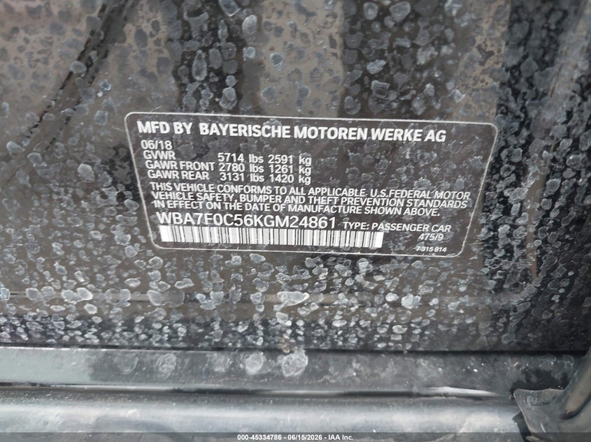 2019 BMW 7er VIN WBA7F0C56KGM24861 IAAI salvage auction — LEFT FRONT, Salvage Title, sold $11,850 on 2026-08-21 (photo 9)