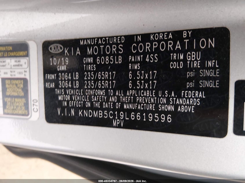 2020 Kia SEDONA VIN KNDMB5C19L6619596 IAAI salvage auction — LEFT SIDE, Clear (Tennessee), sold $2,675 on 2026-07-16 (photo 9)