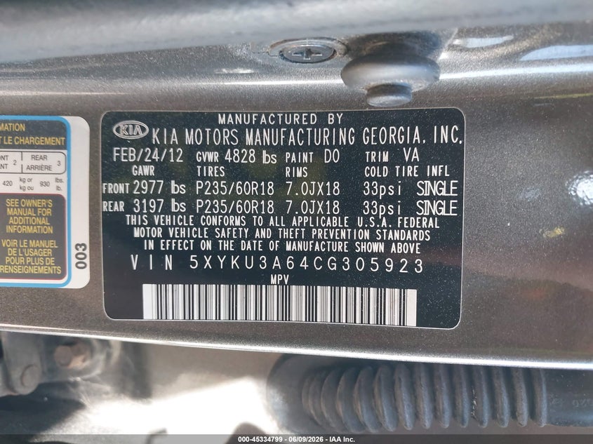 2012 Kia Sorento VIN 5XYKU3A64CG305923 IAAI salvage auction — NORMAL WEAR, Salvage Title, sold $450 on 2026-07-21 (photo 9)