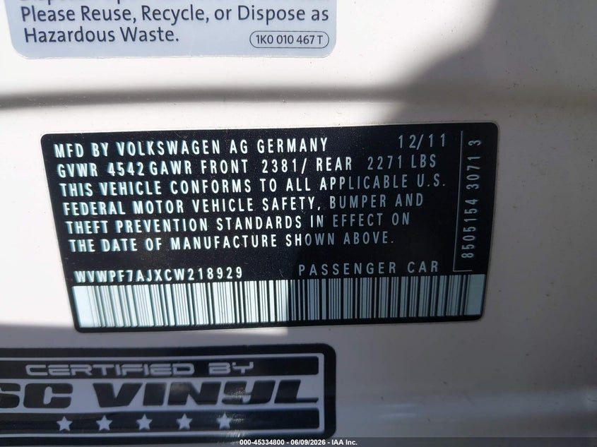 2012 Volkswagen Golf r VIN WVWPF7AJXCW218929 IAAI salvage auction — FRONT END, Wait Title, sold $3,150 on 2026-08-13 (photo 9)