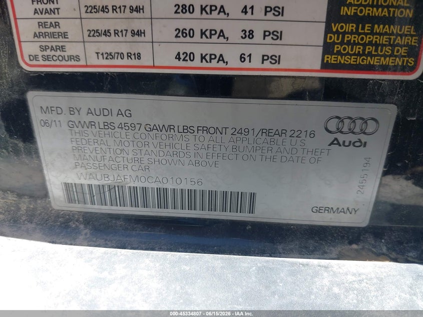 2012 Audi A3 VIN WAUBJAFM0CA010156 IAAI salvage auction — LEFT SIDE, Salvage (Missouri), sold $725 on 2026-07-15 (photo 9)
