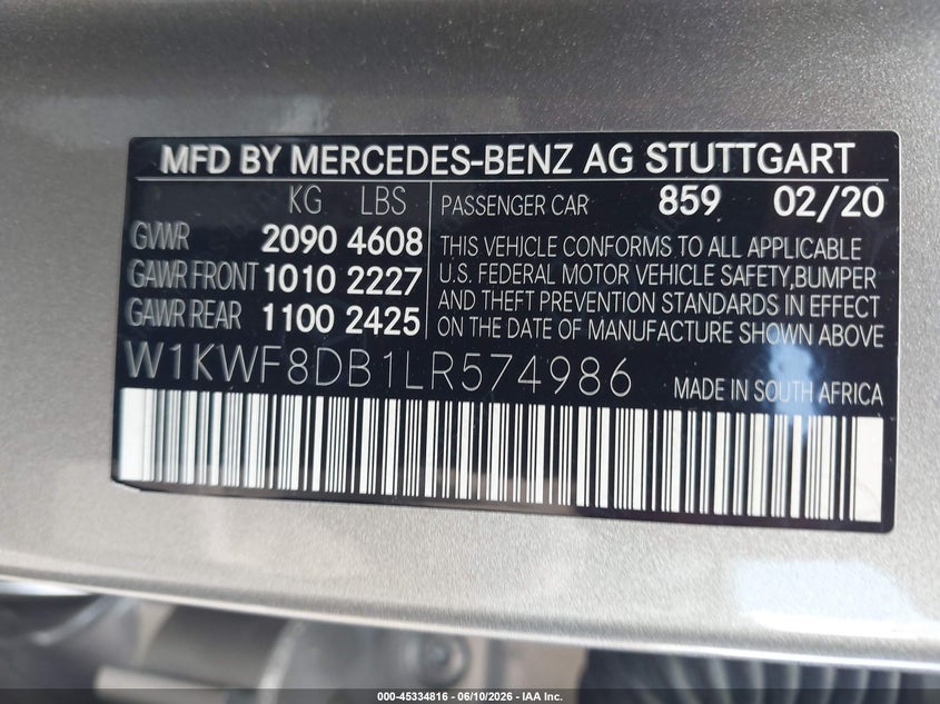 2020 Mercedes-benz C-klasse VIN W1KWF8DB1LR574986 IAAI salvage auction — FRONT & REAR, Salvage (South Carolina), sold $525 on 2026-07-29 (photo 9)