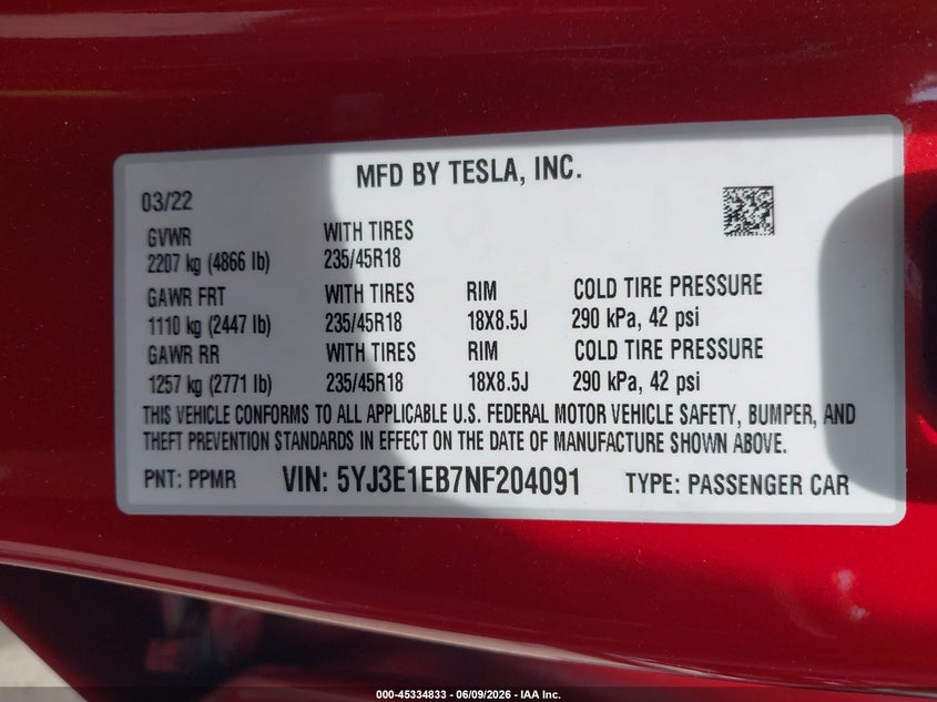 2022 Tesla Model 3 VIN 5YJ3E1EB7NF204091 IAAI salvage auction — RIGHT REAR, Salvage - Greater Than 75% (Maryland), sold $4,950 on 2026-07-24 (photo 9)