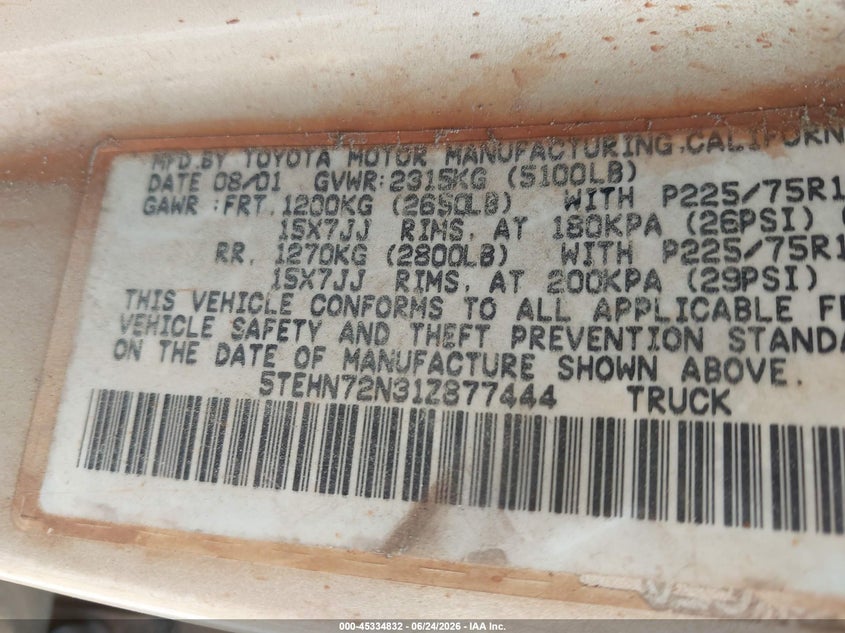 2001 Toyota Tacoma VIN 5TEHN72N31Z877444 IAAI salvage auction — ALL OVER, Clear (Massachusetts), sold $1,200 on 2026-07-14 (photo 9)