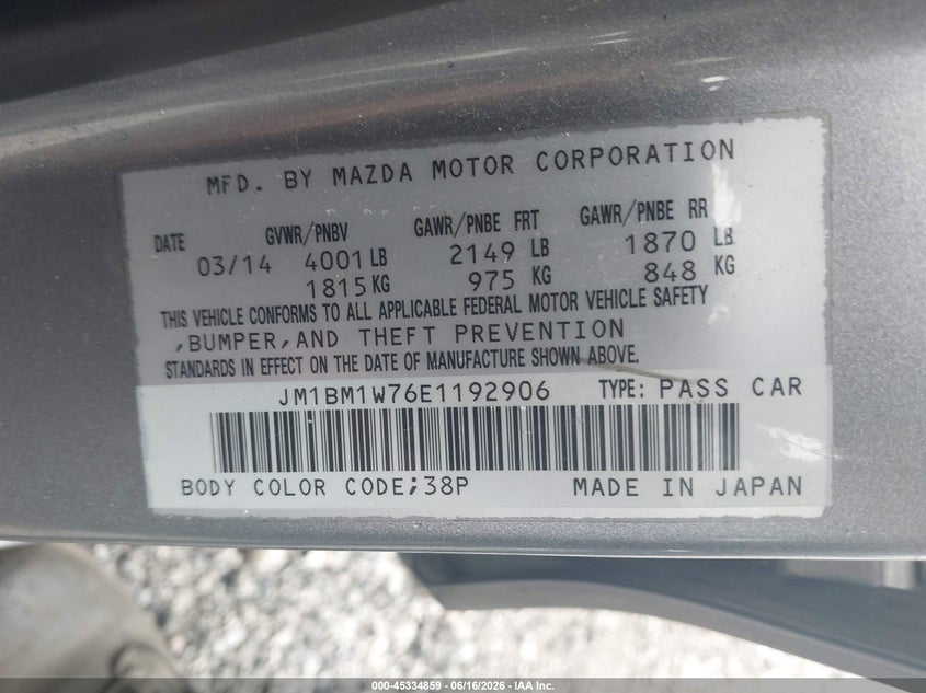 2014 Mazda 3 VIN JM1BM1W76E1192906 IAAI salvage auction — FRONT END, Salvage (South Carolina), sold $725 on 2026-07-29 (photo 9)