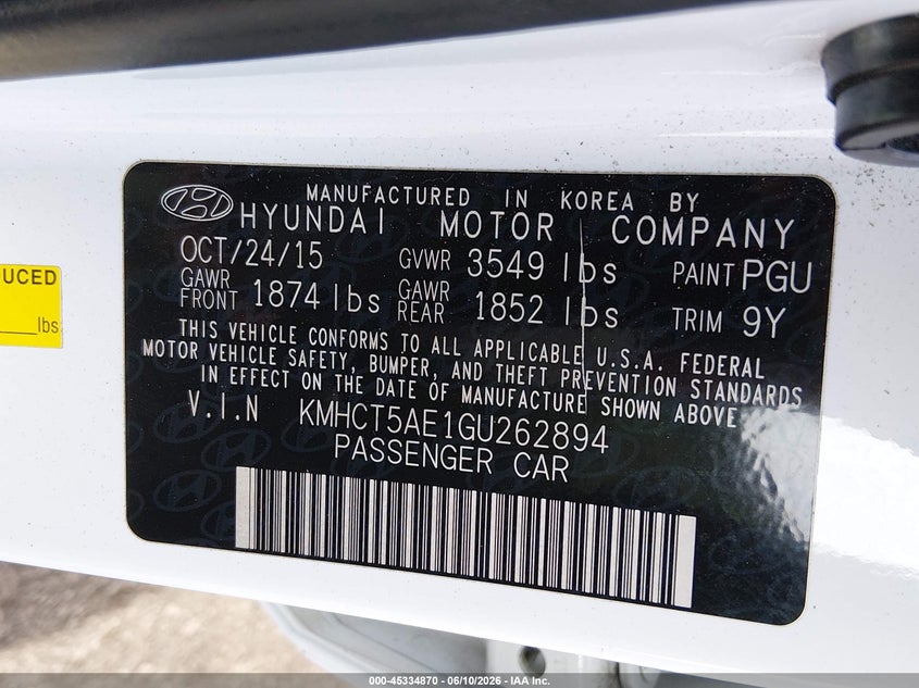 2016 Hyundai Accent VIN KMHCT5AE1GU262894 IAAI salvage auction — FRONT END, Salvage (New Jersey), sold $625 on 2026-07-27 (photo 9)