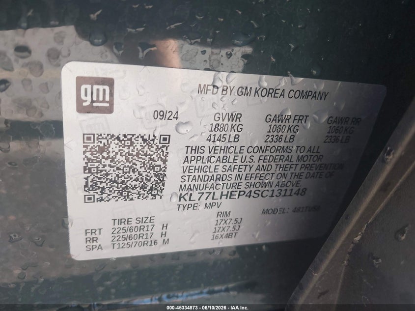 2025 Chevrolet Trax VIN KL77LHEP4SC131148 IAAI salvage auction — LEFT SIDE, Salvage (Idaho), sold $2,550 on 2026-07-16 (photo 9)
