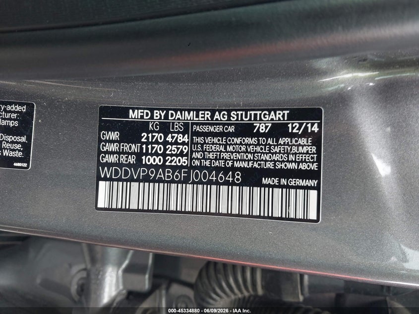 2015 Mercedes-benz B-klasse VIN WDDVP9AB6FJ004648 IAAI salvage auction — RIGHT FRONT, Salvage (Georgia), sold $275 on 2026-07-22 (photo 9)