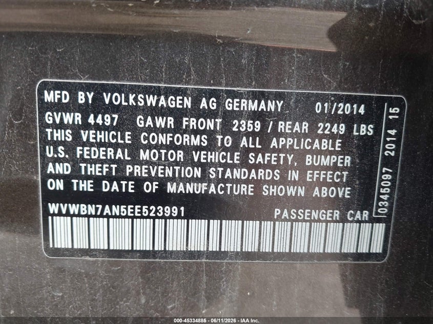 2014 Volkswagen Passat cc VIN WVWBN7AN5EE523991 IAAI salvage auction — FRONT END, Salvage Title, sold $300 on 2026-08-06 (photo 9)