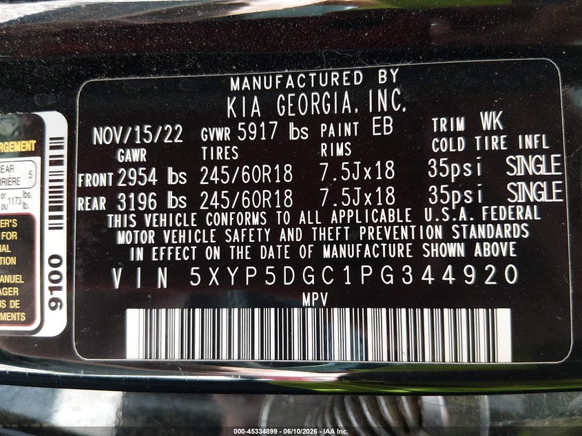 2023 Kia Telluride VIN 5XYP5DGC1PG344920 IAAI salvage auction — ALL OVER, Salvage (Alabama), sold $2,500 on 2026-07-27 (photo 9)