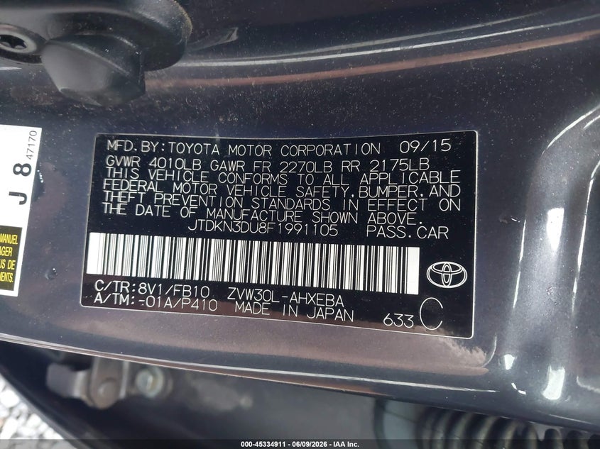2015 Toyota Prius VIN JTDKN3DU8F1991105 IAAI salvage auction — FRONT END, Salvage Title, sold $875 on 2026-07-17 (photo 9)