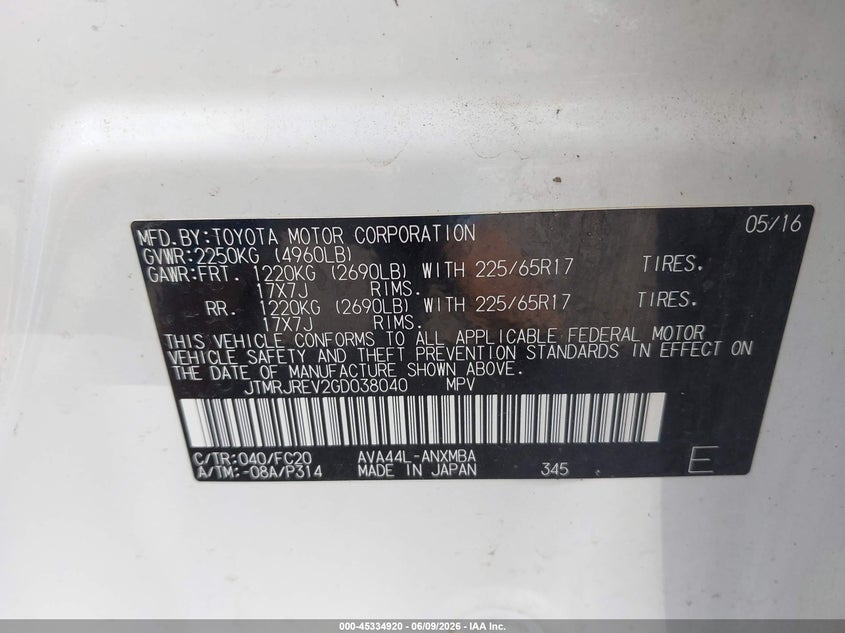 2016 Toyota Rav 4 VIN JTMRJREV2GD038040 IAAI salvage auction — FRONT END, Salvage (Nebraska), sold $5,800 on 2026-08-01 (photo 9)