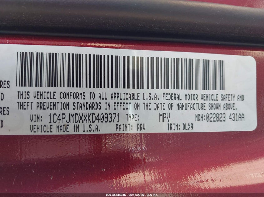 2019 Jeep Cherokee VIN 1C4PJMDXXKD409371 IAAI salvage auction — RIGHT SIDE, Salvage (New Jersey), sold $3,050 on 2026-08-20 (photo 9)