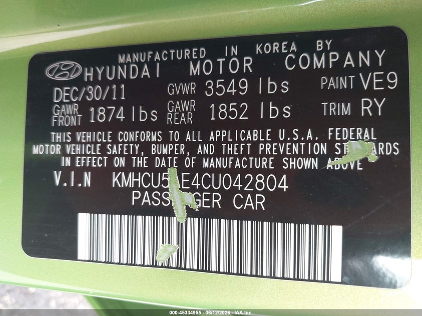 2012 Hyundai Accent VIN KMHCU5AE4CU042804 IAAI salvage auction — NORMAL WEAR, Clear (Florida), sold $475 on 2026-07-16 (photo 9)