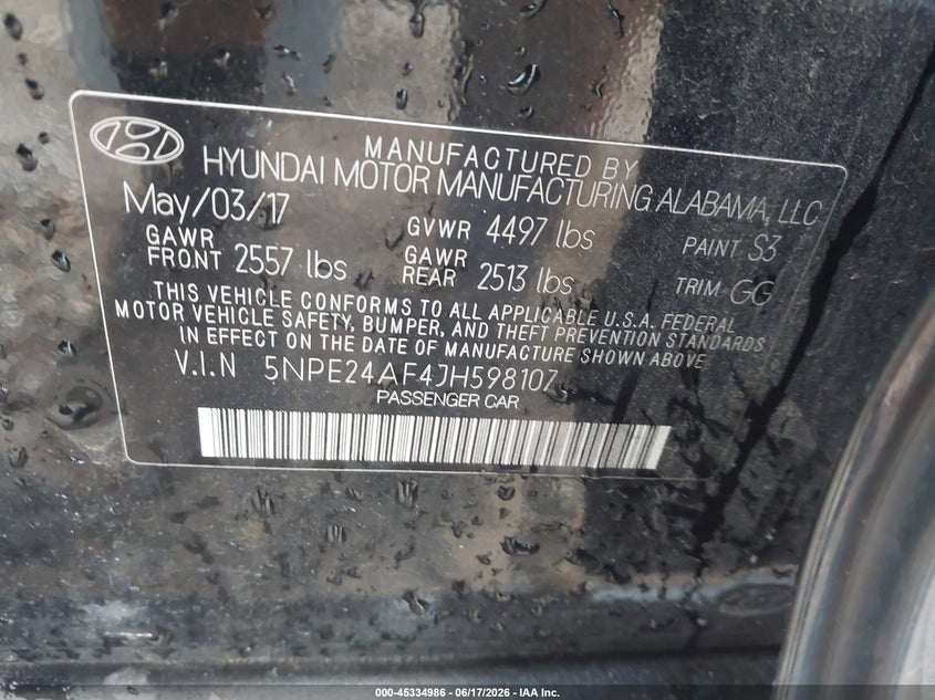 2018 Hyundai Sonata VIN 5NPE24AF4JH598107 IAAI salvage auction — NORMAL WEAR, Nrc Lienholder Repossession Paperwork (Mississippi), sold $2,250 on 2026-07-10 (photo 9)