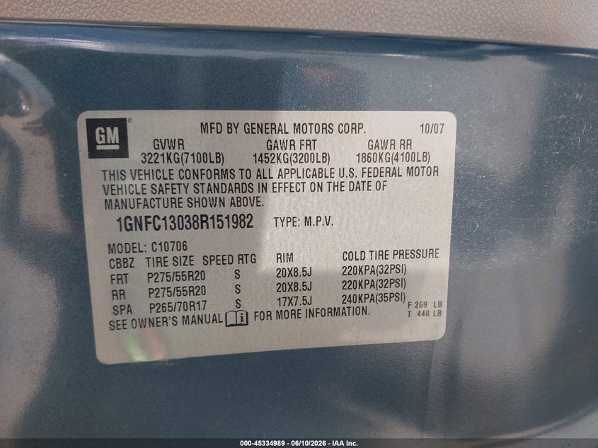 2008 Chevrolet Tahoe VIN 1GNFC13038R151982 IAAI salvage auction — LEFT REAR, Salvage (Texas), sold $1,925 on 2026-07-09 (photo 9)