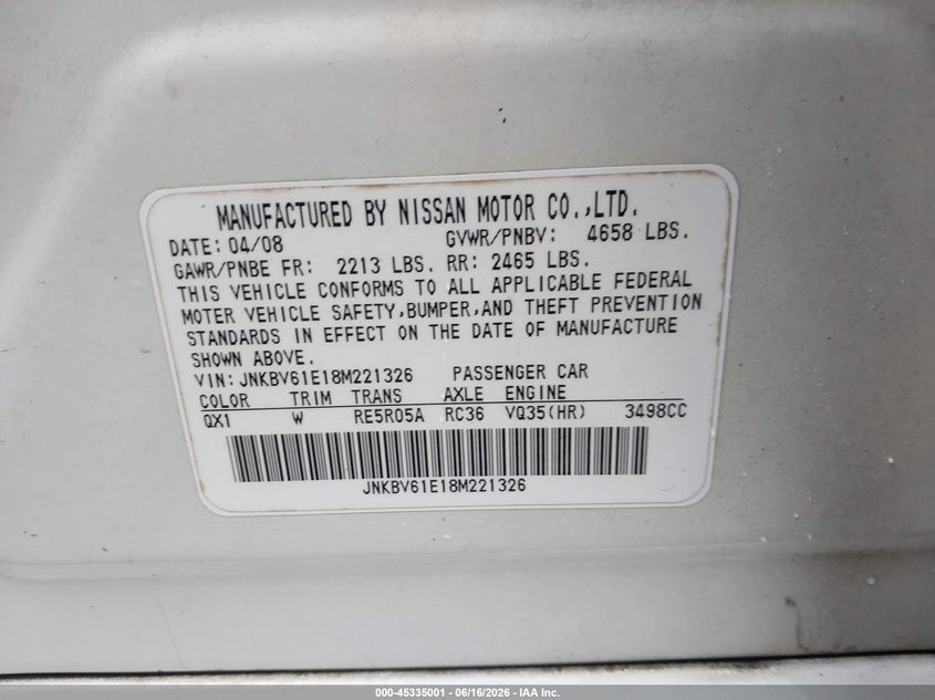 2008 Infiniti G35 VIN JNKBV61E18M221326 IAAI salvage auction — FRONT END, Salvage (Mississippi), sold $250 on 2026-07-31 (photo 9)
