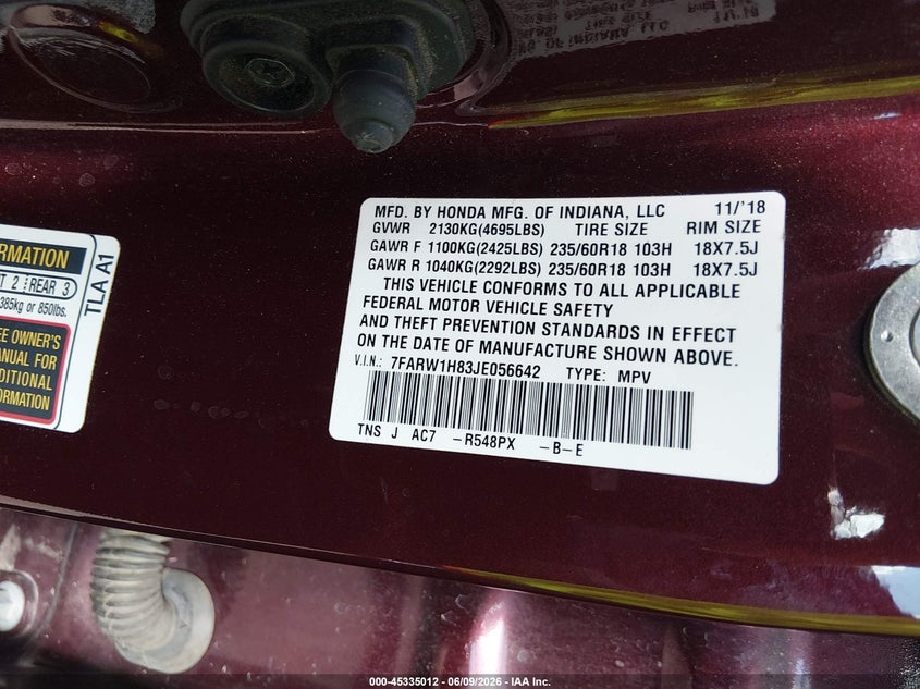 2018 Honda Cr-v VIN 7FARW1H83JE056642 IAAI salvage auction — FRONT END, Salvage (Mississippi), sold $3,350 on 2026-07-30 (photo 9)