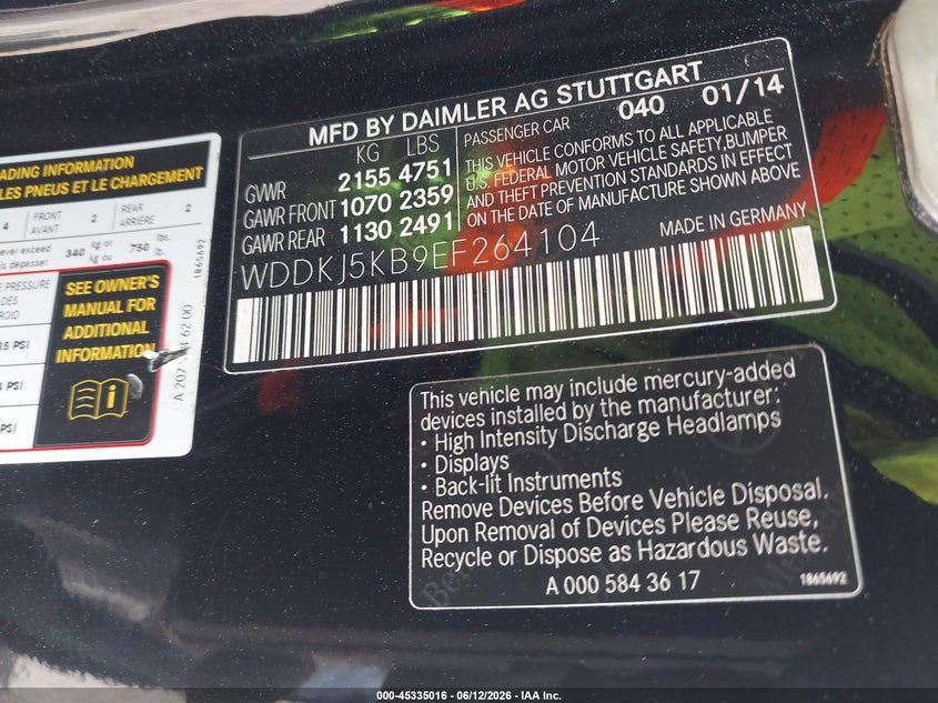 2014 Mercedes-benz E-klasse VIN WDDKJ5KB9EF264104 IAAI salvage auction — REAR END, Original (Texas), sold $2,550 on 2026-07-18 (photo 9)