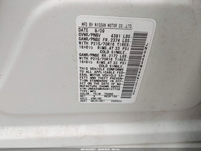 2010 Nissan Rogue VIN JN8AS5MV6AW107736 IAAI salvage auction — NORMAL WEAR, Clear (Illinois), sold $400 on 2026-07-15 (photo 9)