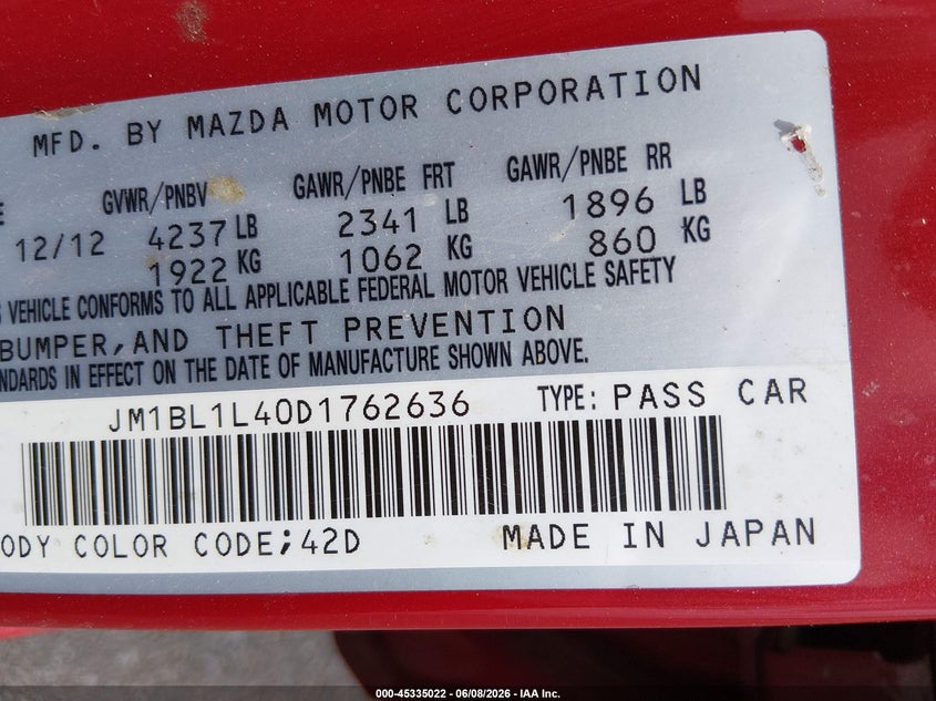 2013 Mazda 3 VIN JM1BL1L40D1762636 IAAI salvage auction — NORMAL WEAR, Regular (Nevada), sold $250 on 2026-07-31 (photo 9)