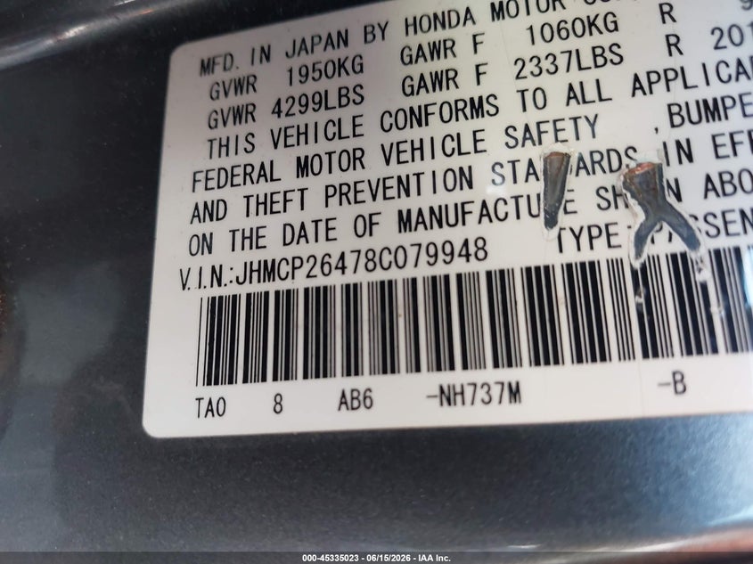 2008 Honda Accord VIN JHMCP26478C079948 IAAI salvage auction — FRONT END, Nrc Lienholder Repossession Paperwork (Arkansas), sold $675 on 2026-07-22 (photo 9)