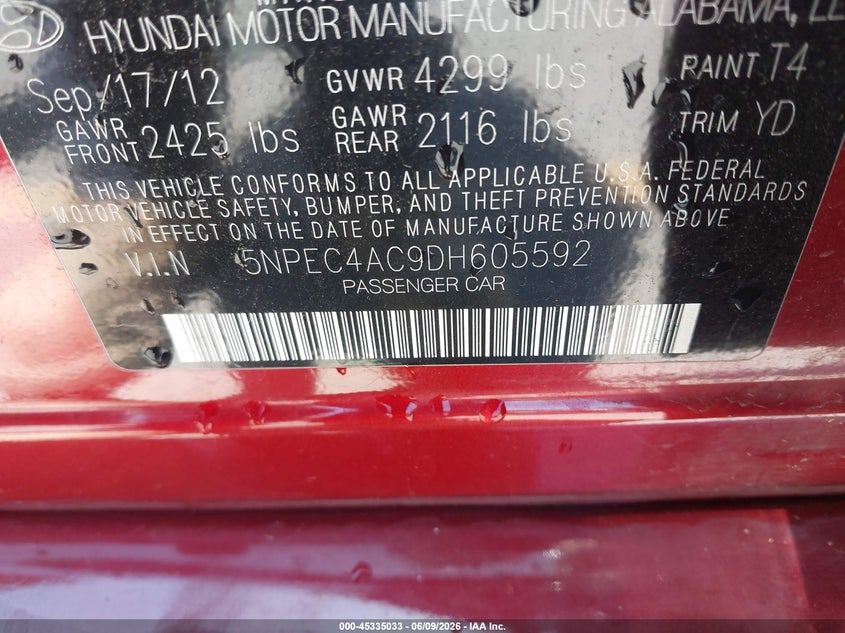 2013 Hyundai Sonata VIN 5NPEC4AC9DH605592 IAAI salvage auction — REAR END, Salvage (California), sold $750 on 2026-07-25 (photo 9)