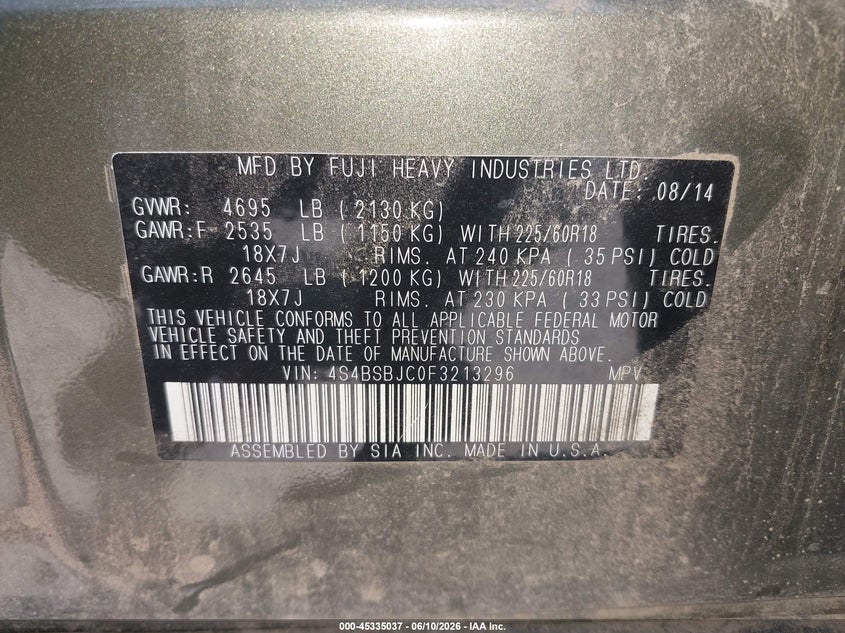 2015 Subaru Outback VIN 4S4BSBJC0F3213296 IAAI salvage auction — REAR END, Clear (Oklahoma), sold $2,650 on 2026-07-31 (photo 9)