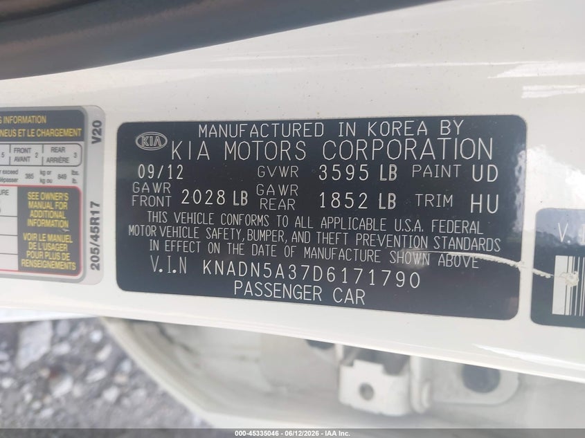 2013 Kia Rio VIN KNADN5A37D6171790 IAAI salvage auction — LEFT REAR, Salvage (Pennsylvania), sold $1,100 on 2026-07-07 (photo 9)