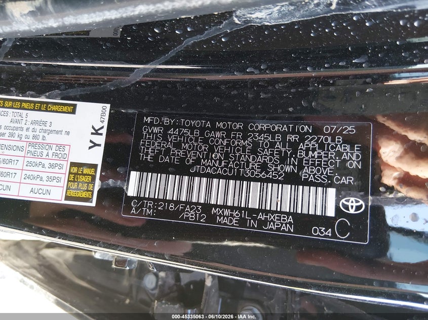 2026 Toyota Prius VIN JTDACACU1T3056452 IAAI salvage auction — ROLLOVER, Salvage Title, sold $3,400 on 2026-07-28 (photo 9)