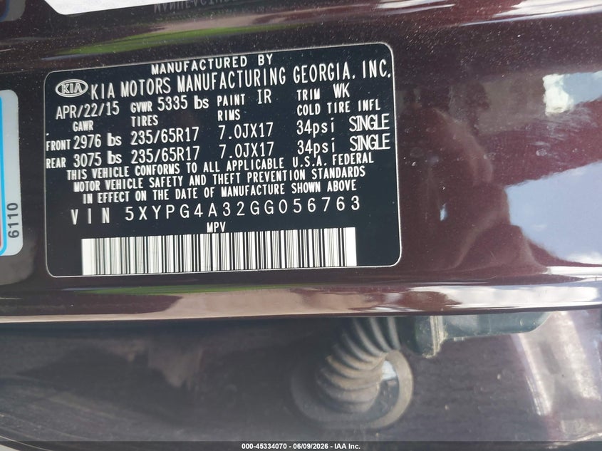 2016 Kia Sorento VIN 5XYPG4A32GG056763 IAAI salvage auction — RIGHT SIDE, Original (Texas), sold $2,350 on 2026-07-30 (photo 9)