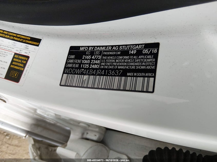 2018 Mercedes-benz C-klasse VIN WDDWF4KB4JR413637 IAAI salvage auction — FRONT END, Salvage (New Jersey), sold $7,100 on 2026-07-29 (photo 9)